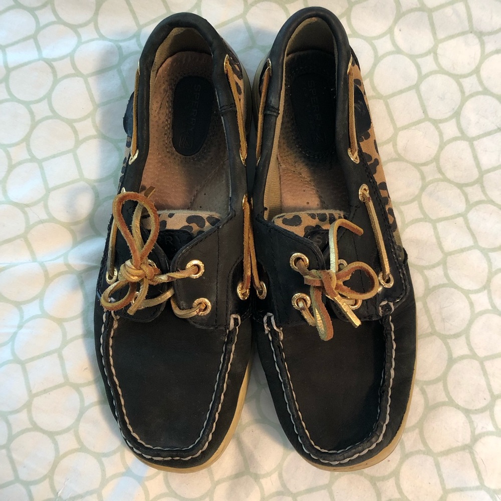 Sperry Black and Cheetah Boat Shoes